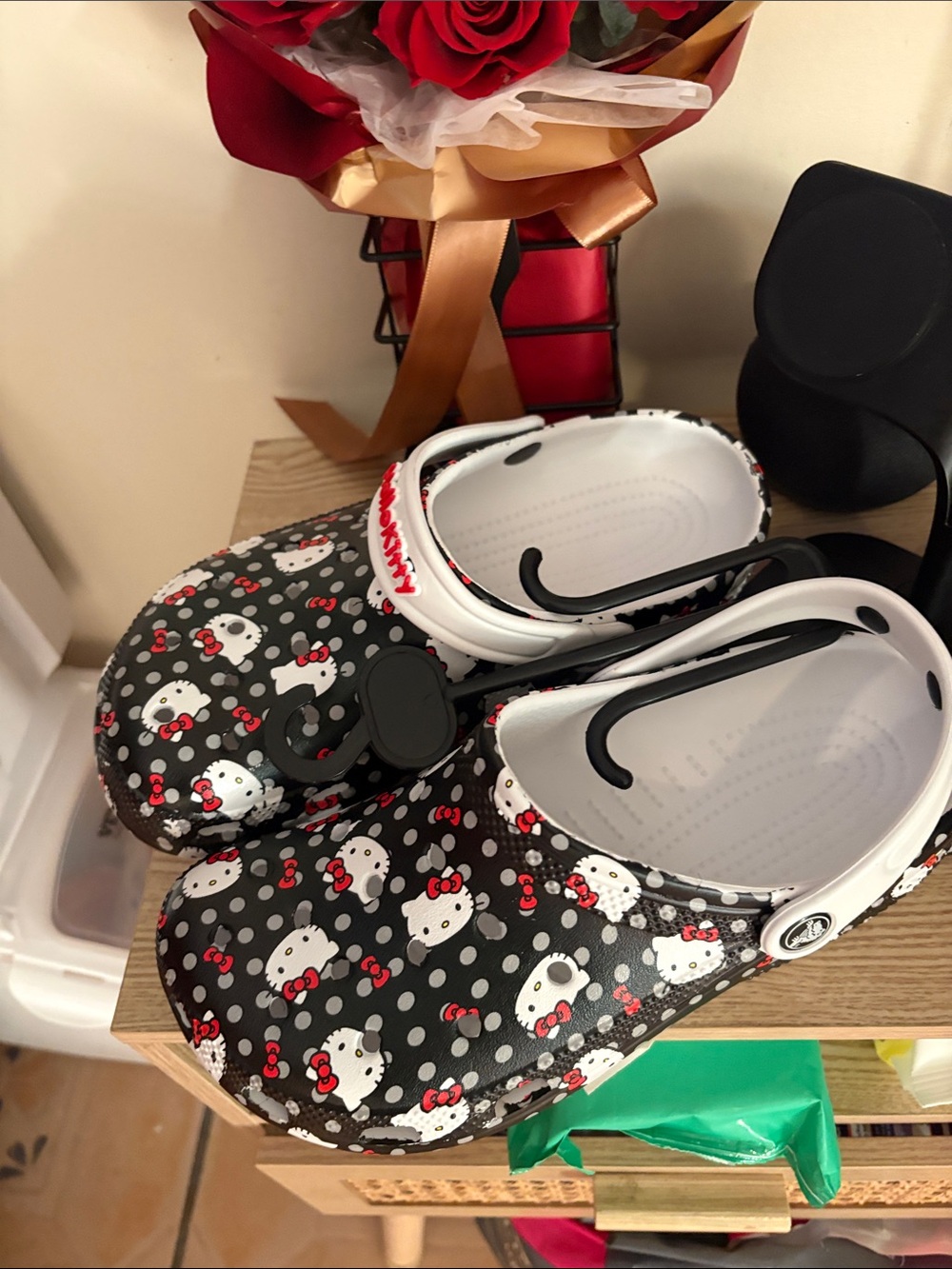 CROCS Black Hello Kitty Polka Dot Clogs with White Strap